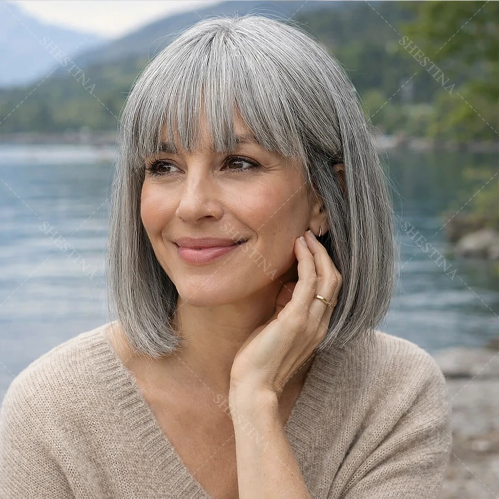 

Soul Lady Chic Salt & Pepper Straight Bob Wig With Bangs No Strange Smell Pre Plucked Real Human Hair Glueless Wigs For Seniors