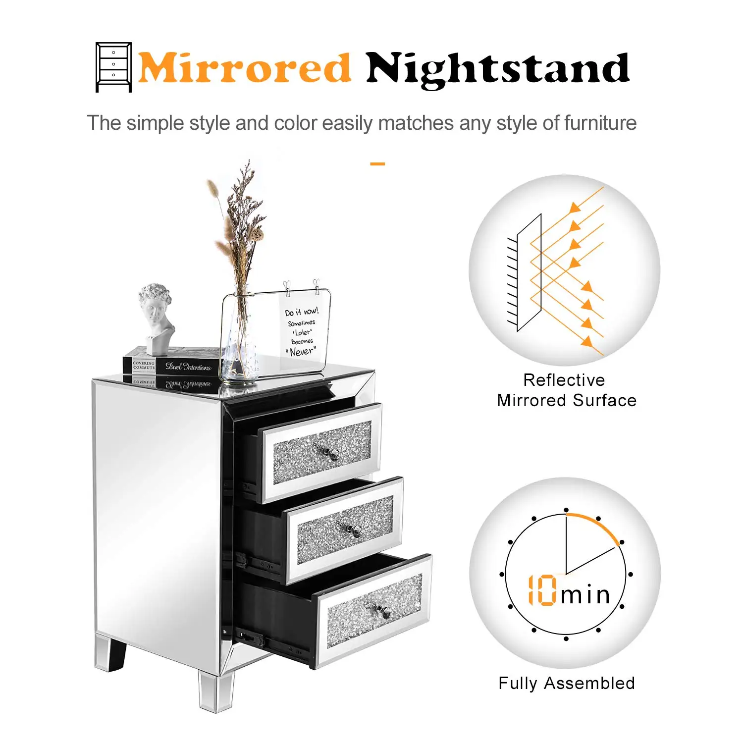 Mirrored Nightstand Set of 2, Silver Glass Bedside Table for Bedroom Living Room, Crushed Mirror End Table, Customized