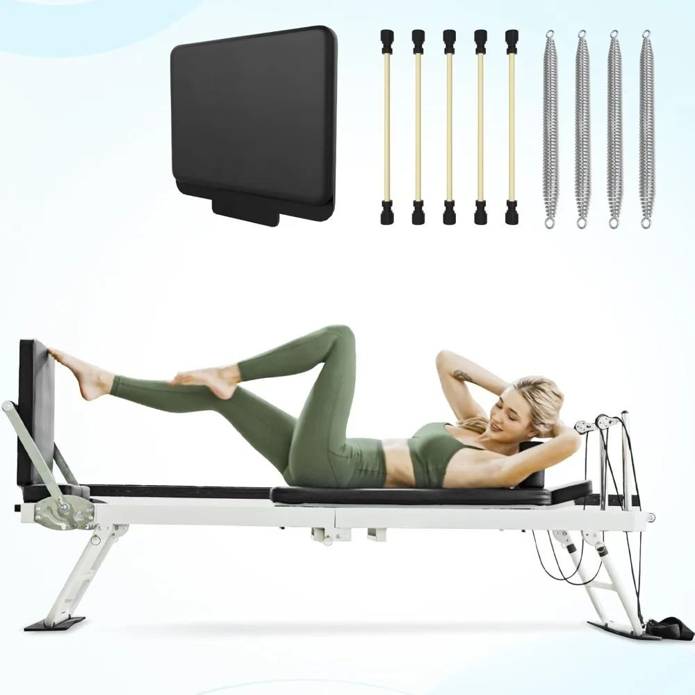 

Pilates Reformer, Foldable Reformer Pilates Machine for Home Use, with Dual Resistance- Springs and Cords, Pilates Equipment