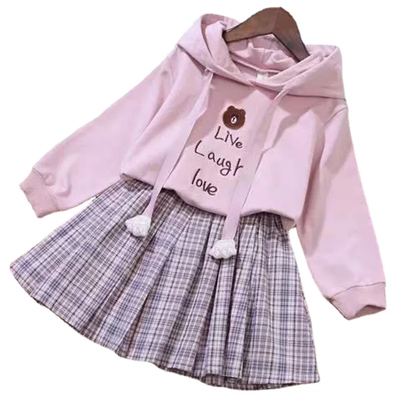 4 6 8 10 12 Years Girls Clothing Sets Cotton Cartoon Little Bear Hoodies + Pleated Skirt 2Pcs Suit For Children Birthday Present