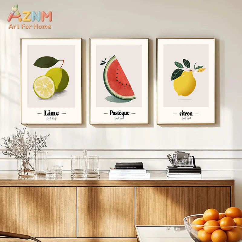 AZNM Minimal French Fruit Canvas Wall Art Lemon Lime Watermelon Simple Line Text Print Unframed Canvas Painting for Dining Kitch