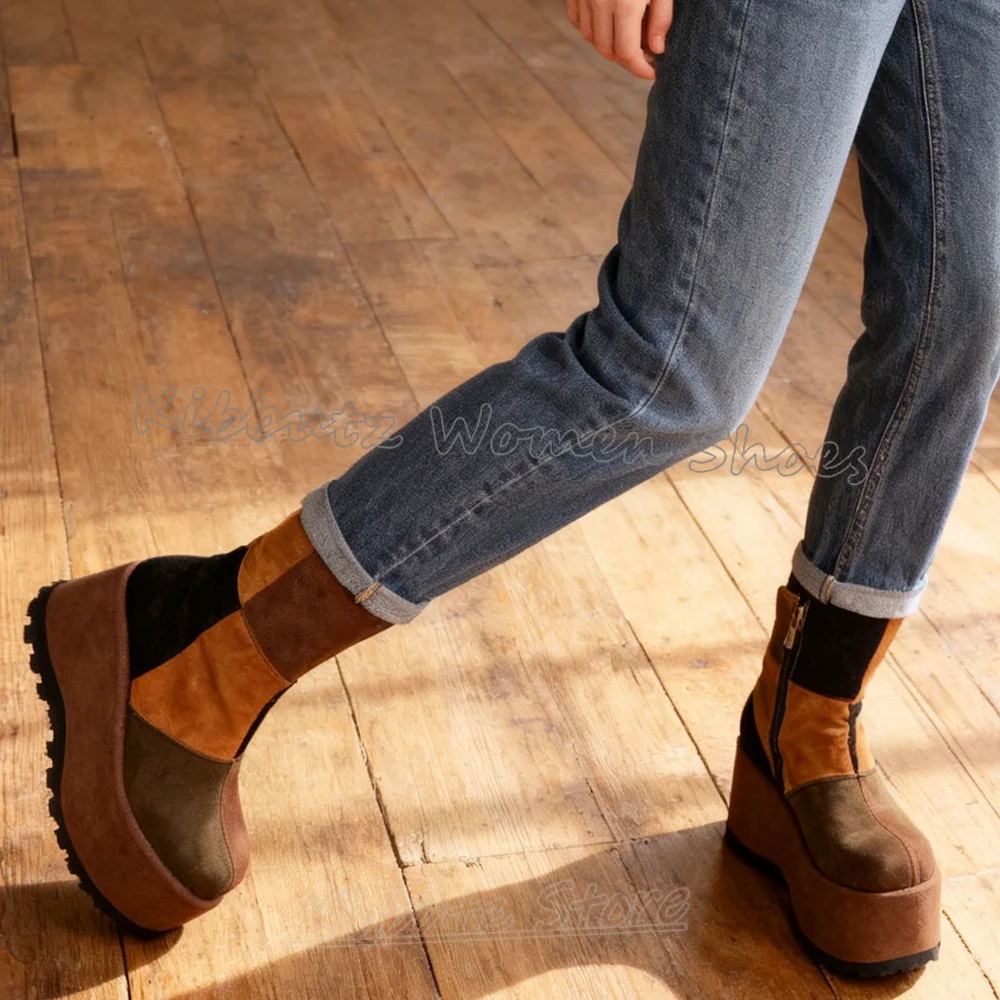 Knee High Boot Platform Checkered Patchwork Mixed Color Round Toe Chunky Heels Fashion Luxury Elegant Concise Spicy Girl Shoes