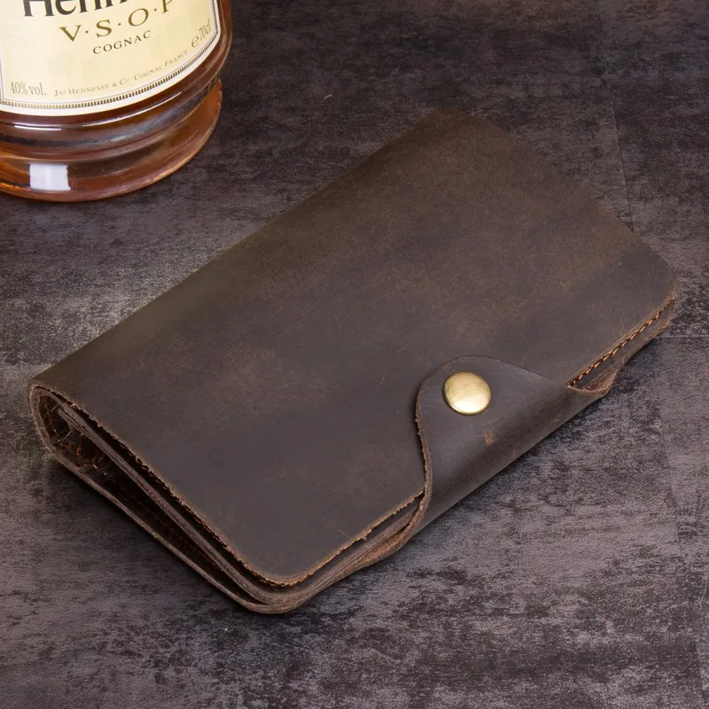Crazy Horse Leather Wallet, Vintage Cowhide Medium-long Card Holder, Genuine Leather Buckle Purse, Handmade Men's Wallet.