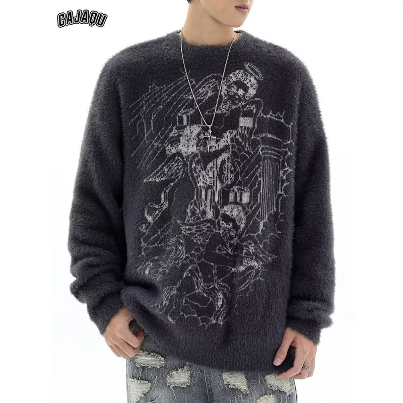 

Retro Graphic Sweaters Loose Mens Casual Long Sleeve O Neck Knitted Jumper Tops 2026 Spring Fall Fashionable Men Knit Sweaters