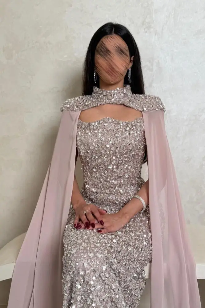 Jirocum Pink Mermaid Prom Dresses Shawl Cape Crystal Beaded Strapless Women Formal Occasion Party Dresses Customized