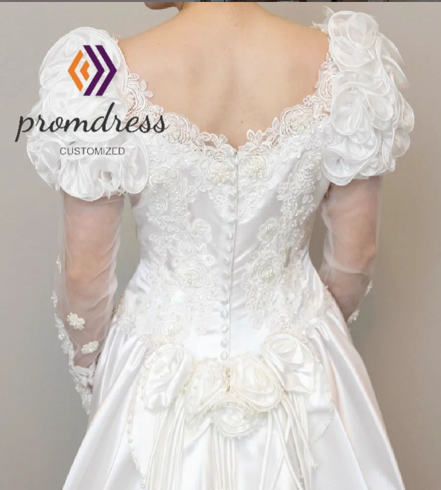 Historical 80s Celtic Wedding Dress With Long Sleeve Organza Ruffles Satin Rustic Country Bridal Gown Lace Beaded 1920Customized