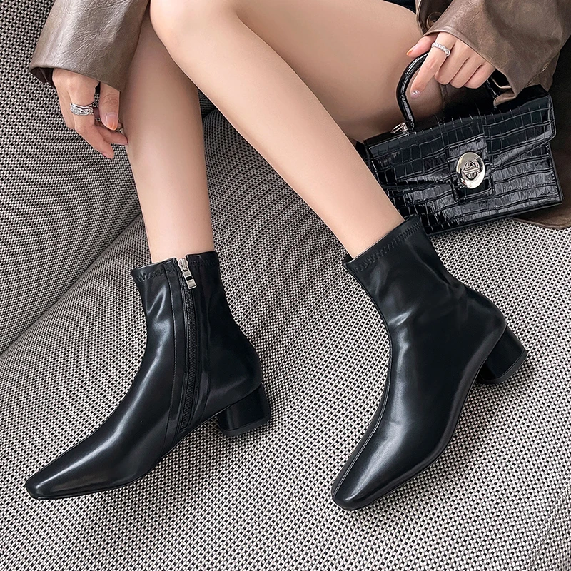 JOZHAMTA Size 33-40 Women Stretch Boots Ankle High Elastic Soft Leather Thick Mid Heels Autumn Winter Size Zipper Short Booties