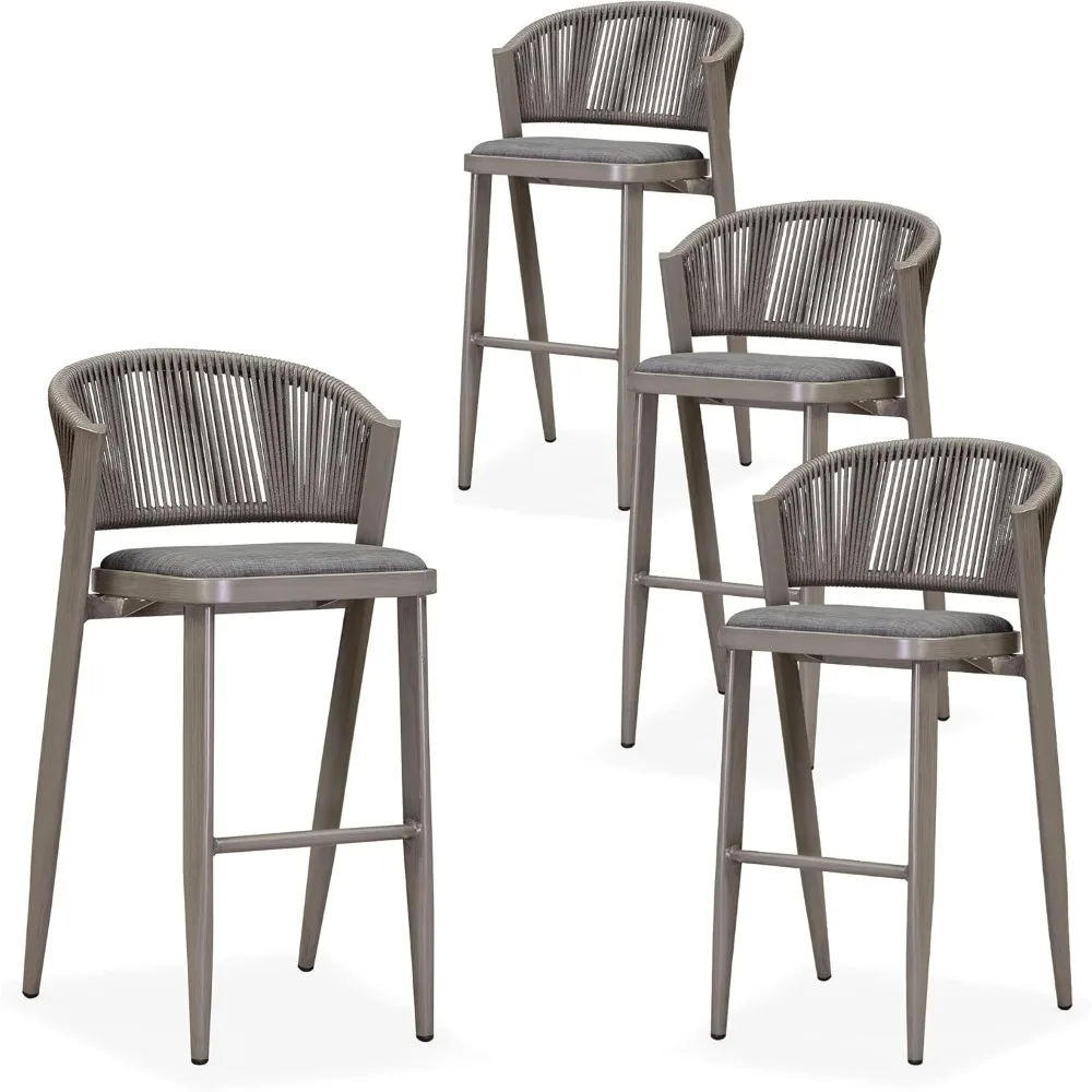 

Bar Stool Set of 4 Outdoor Barstool with Back Aluminum Bar Height Stool Wicker Bar Chair Grey