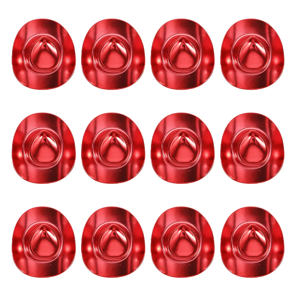 12 piezas de mini sombreros de vaquero brillantes de plástico rojo, pequeños adornos de estilo western para manualidades, recuerdos de fiesta, llaveros de sombrero de vaquero pequeño.