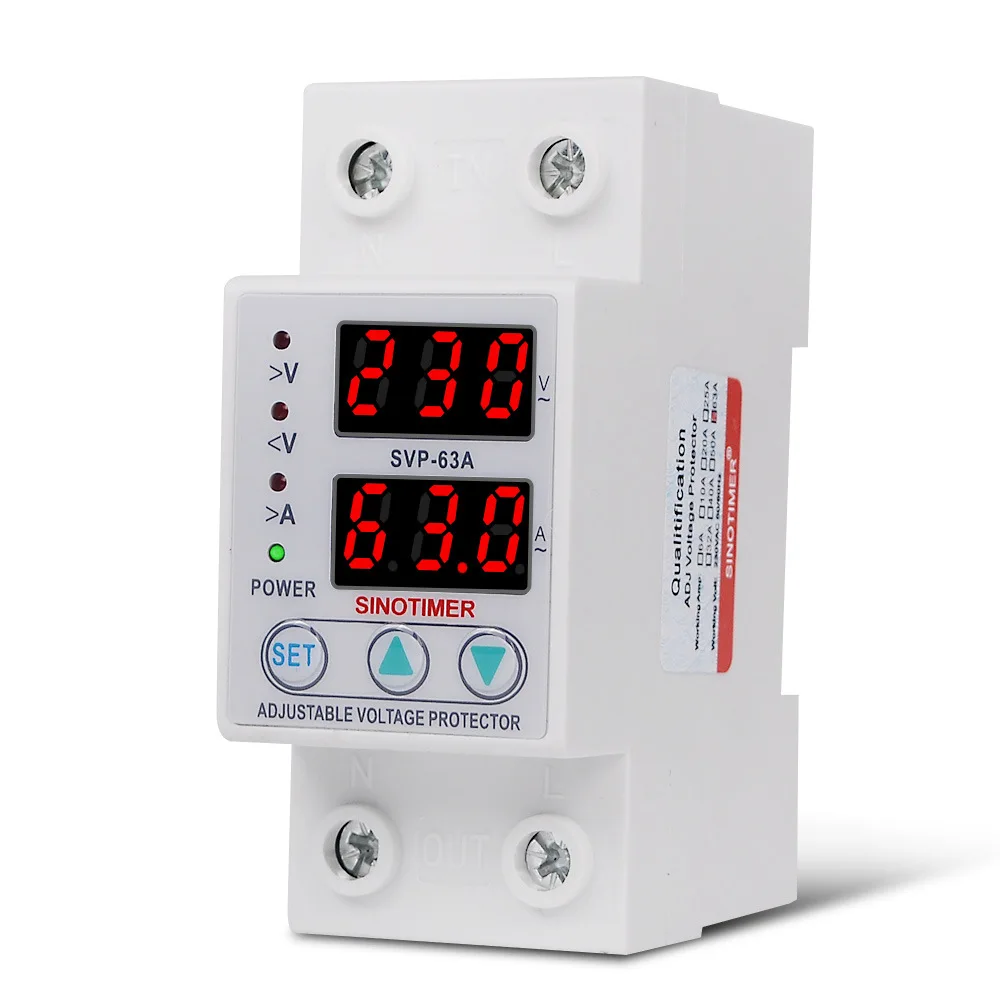 

SVP-63A 220V Single-phase Smart Adjustable Over Under Voltage Protection Limit Current Protector Dual Display Automatic Reset