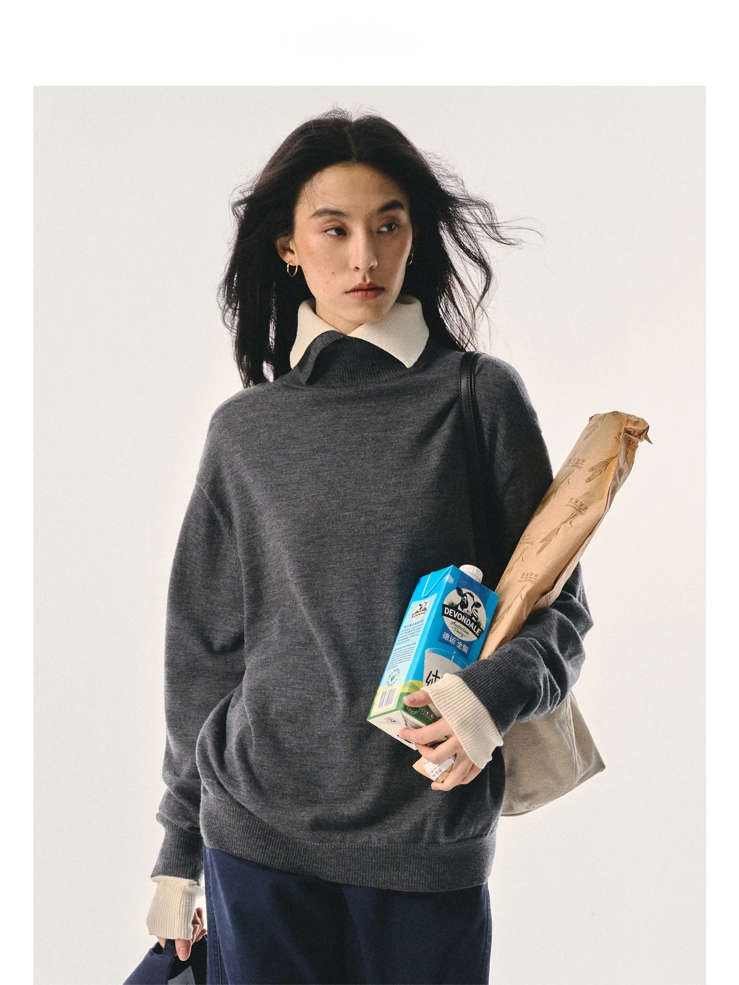 

Loose Fit V-Ne Knitted Wool Sweater Autumn Winter New Sle Front Ba Two-Way Wear Lazy Girl Sle Long Sve High Collar