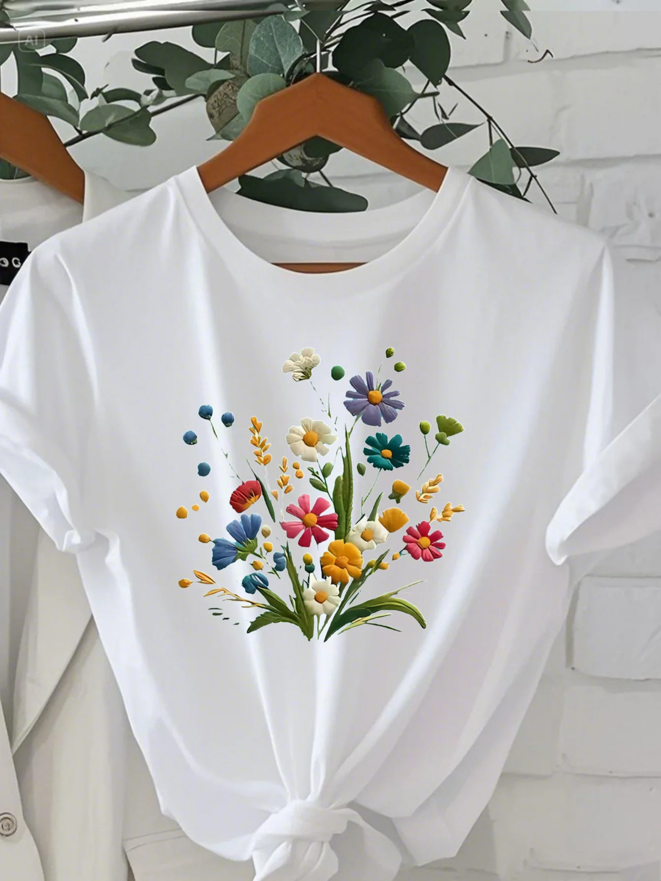 

Women's Oversized Casual Short-Sleeve Women T-Shirt Colorful Floral Bouquet Print Ladies T-shirts Comfortable Daily T-shirt
