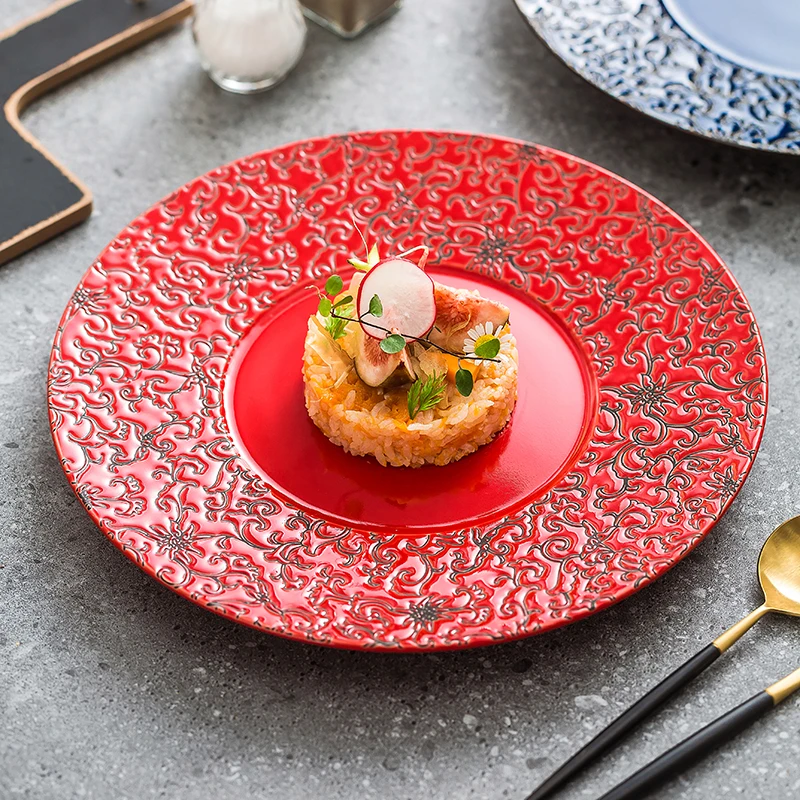

Creative Red Ceramic Western Food Beef Steak Pan Chinese Hotel Printing Tableware High-grade Sense of Luxury Restaurant Dish