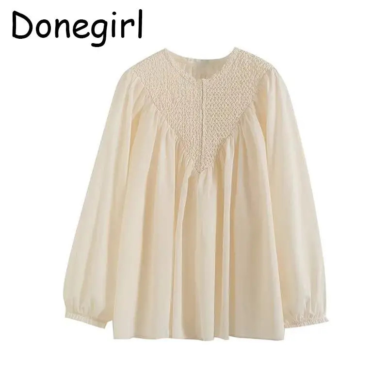 Donegirl 2023 New Spring Summer Long Sleeve Pleated Crepe Loose Solid Shirt Casual Elegant Blouses Tops Female Pullovers Chic