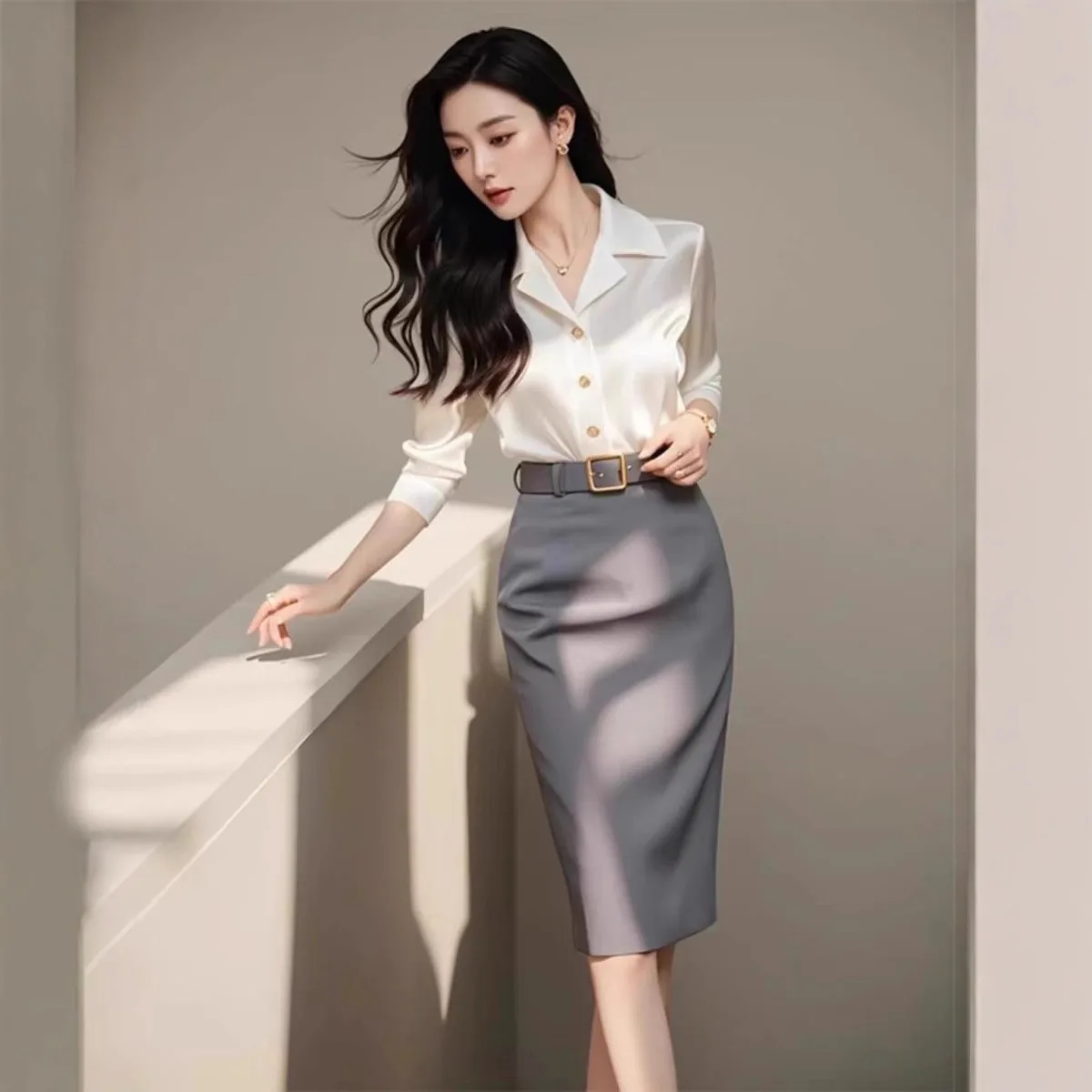 

Women Office Suit 2025 Autumn New Women's Two Piece Set Stylish Elegant Professional Polished Outfit White Shirt & Midi Skirt