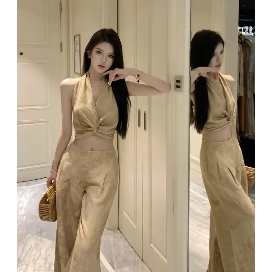

Summer New Temperature High-end Advanced French Style Women's Fashionable Sling Vest + Casual High-waist Wide-leg Trousers