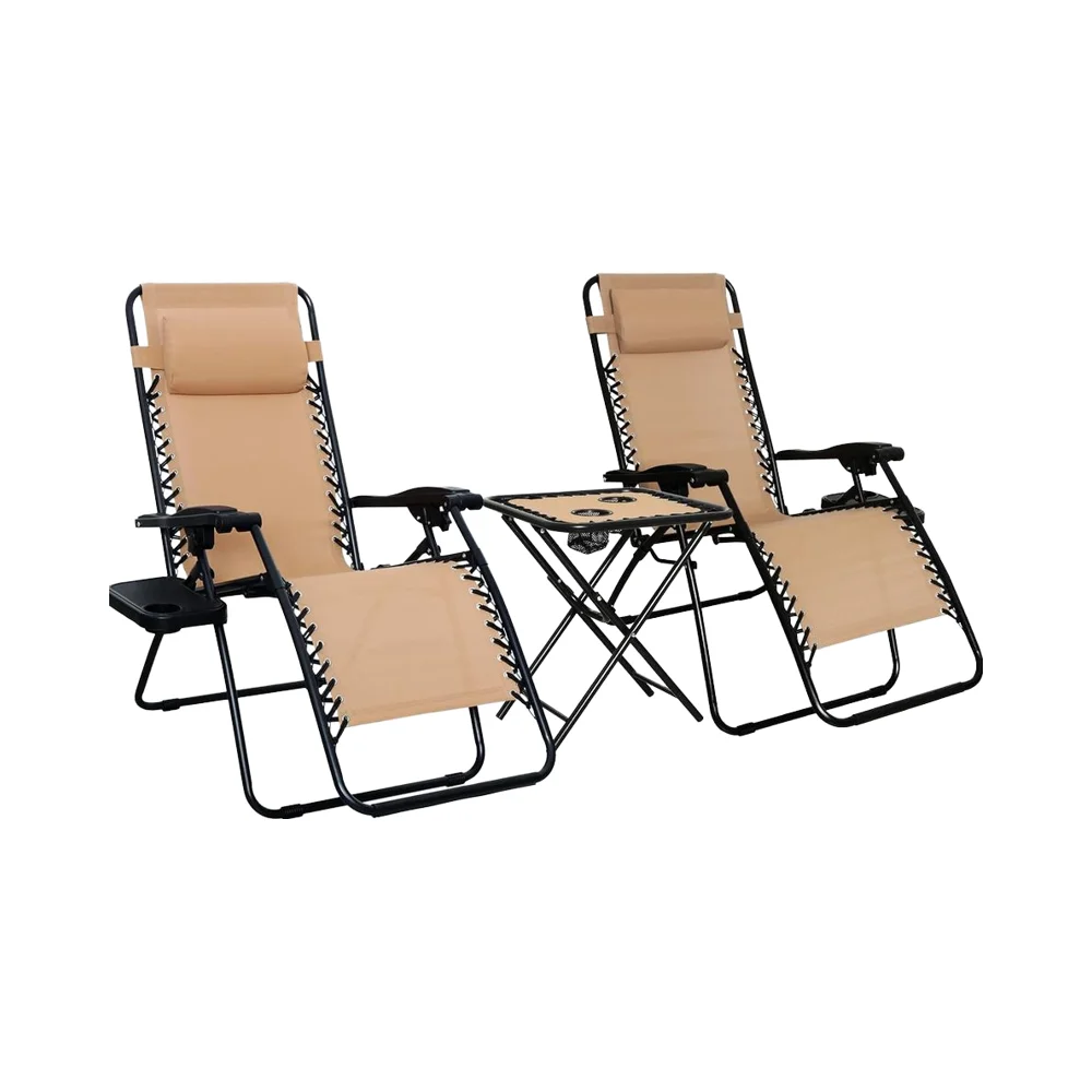 *Basics Lounge Chair Recliner Set 2-piece Side Table 35 X 26 X 43 Inches Beige Outdoor Foldable Living