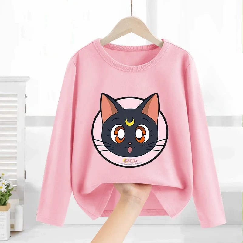 Sailor Moons Girl Kids Pink Long Sleeve Sweatshirt Thin Clothes Childern Anime Cartoon Print O Neck Tops Christmas Birthday Gift