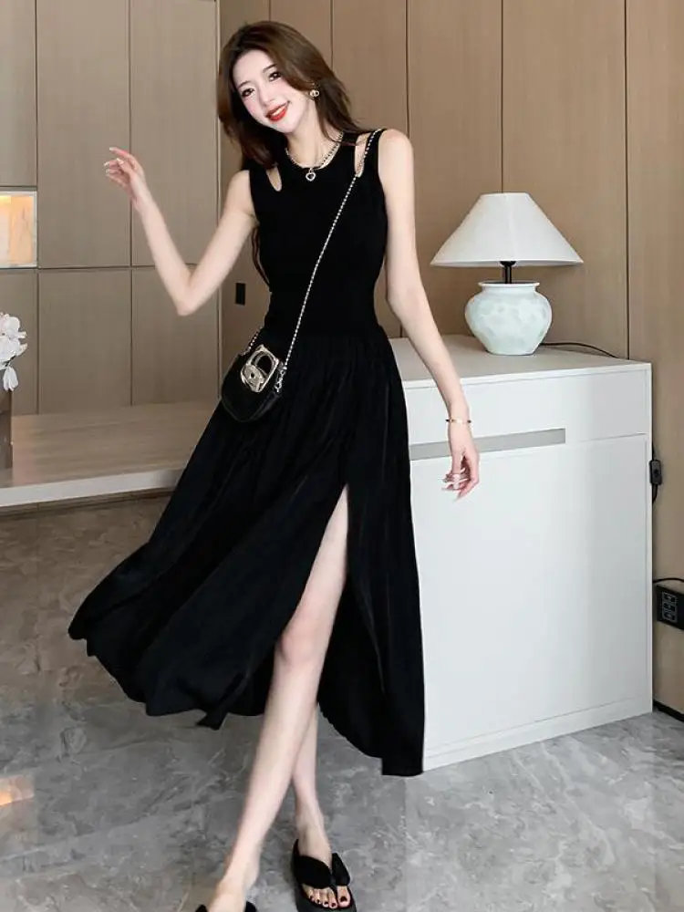 Zwart Elegant Vest Split Jurken Zomer Mouwloze Kleding Voor Vrouwen Vakantie Strandavond Feestjurk Vestidos Dames Mode