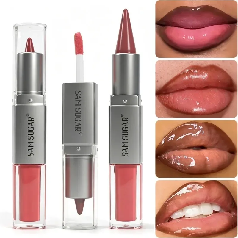2IN1 Tapered Lipliner Lipstick Pen Nude Brown Mirror Glass Lip Gloss Matte Gradient Lip Liner Waterproof Lips Contour Pen Makeup