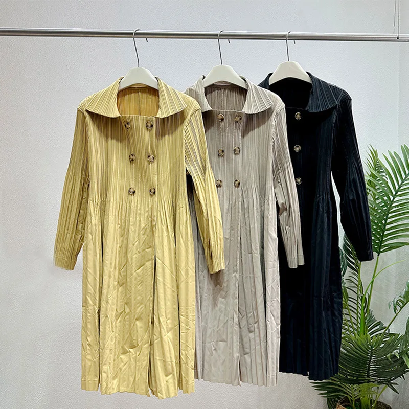 WHTREND خريف جديد معطف فضفاض مطوي منتصف طول مزدوجة الصدر طويلة الأكمام سترة معطف للنساء WH2029