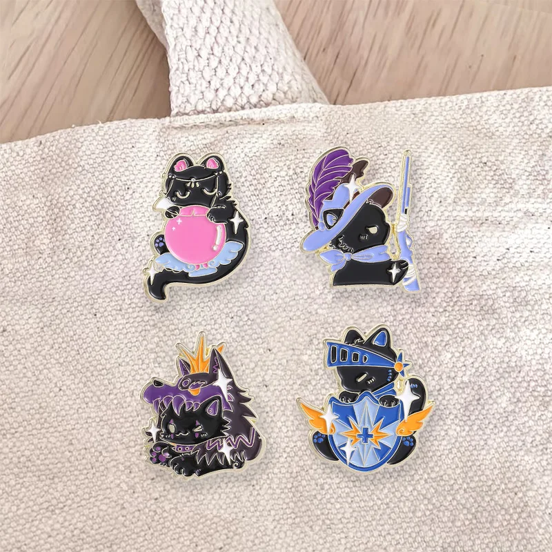 Fantasy Black Cat RPG Enamel Pin Set Mage Musketeer Werewolf Knight Brooch Lapel Badge Jewelry Gift for Gamer