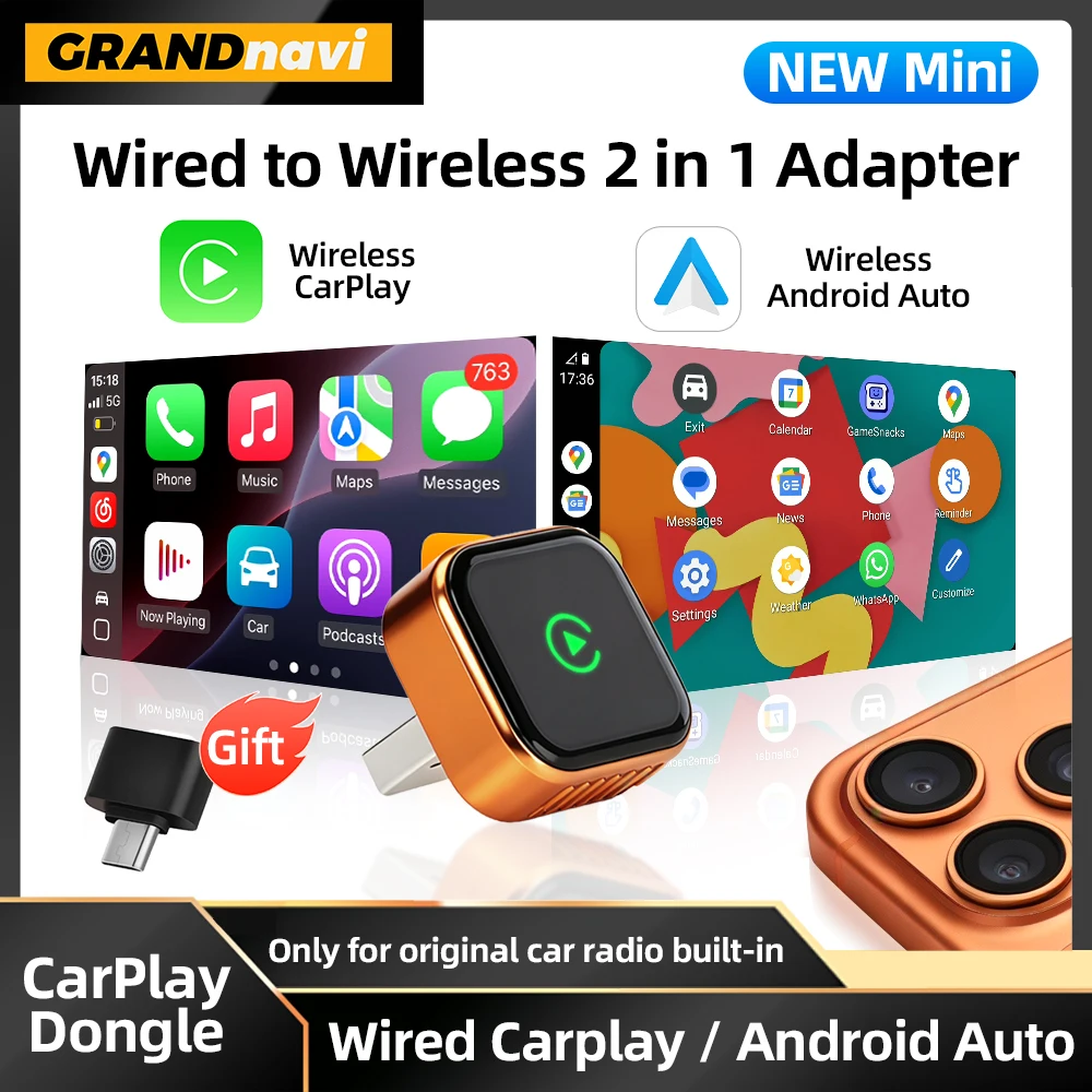 Adaptador Sem Fio 2IN1 CarPlay Laranja 2026 Novo Plug & Play Conexão Automática Sem Atraso Converte Conexão Com Fio para Sem Fio para iPhone e Android