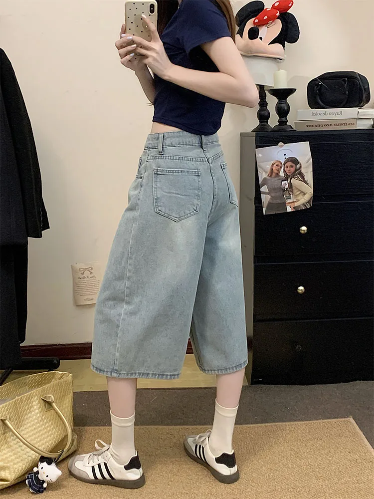 Pantaloni di media lunghezza a gamba larga a gamba larga da donna autunno vintage americano allentato sottile a vita alta in denim da sette pollici