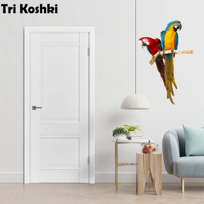 Tri koshki RC026 pegatina de pared familiar, decoración de PVC impermeable, pájaro Animal, loro verde-rojo, puerta, sala de estar, habitación de