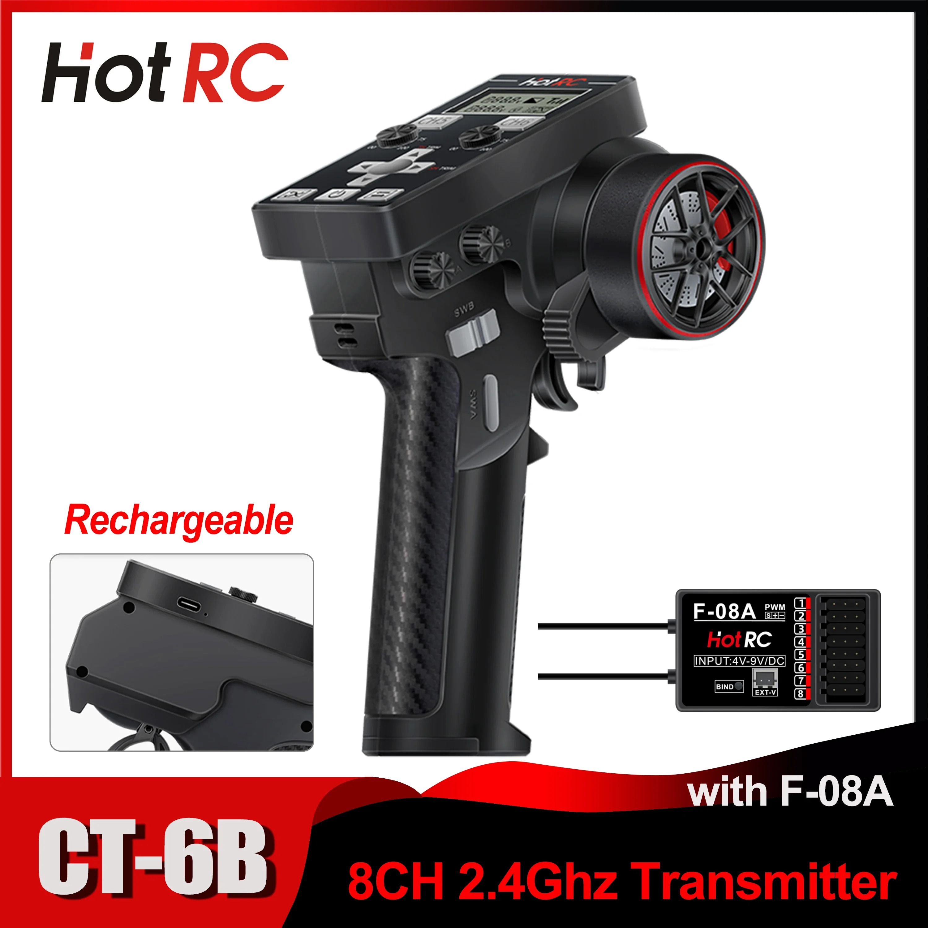 HOTRC CT-6B 8CH One-Hand Operation Remote Control 2.4Ghz RC Transmitter with F-08A 8 Channel PWM Receiver for RC Car Boat Tank