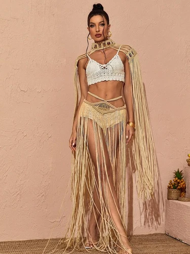 Imagen 2 del producto Conjunto de 2 piezas ajustado a la moda para mujer, conjunto de pantalón Sexy con cuello alto y borla larga, perspectiva Sexy, diseño trenzado, alta calidad