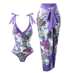 Luxury One-Piece Swimwear With Cover Ups 2024 Women's New Retro Purple Print Deep V Swimsuit Separates Two Bikinis Summer