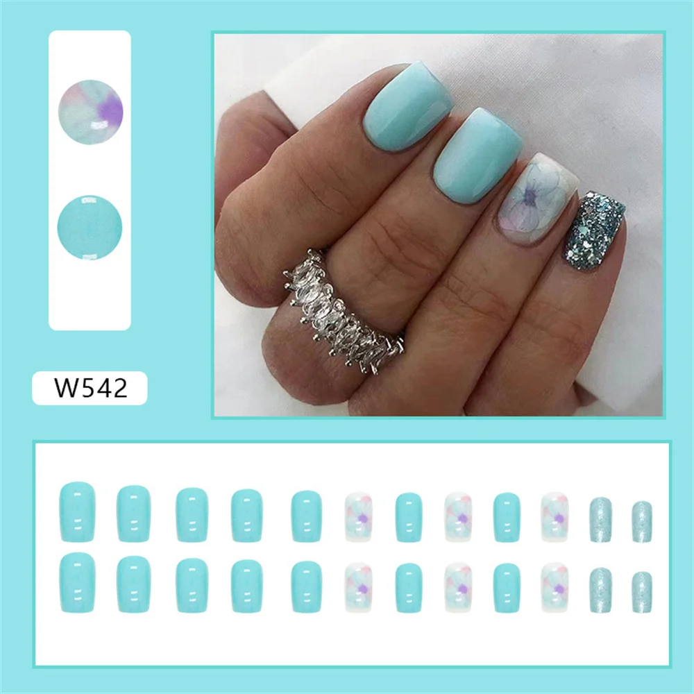 Light Blue Retro Fake Nails Nail Patch Press Nails Flowers False Nails Nail Enhancement