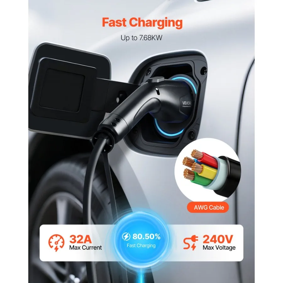 Przedłużacz do ładowarki EV 32A, 12m, złącze J1772, kompatybilny z ładowarkami pojazdów elektrycznych 120V/240V, poziom SAE J1772
