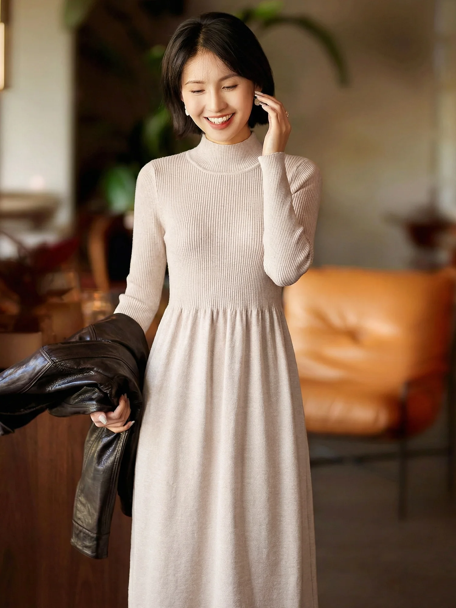 

Вязаное платье Chivirin Gentle Wind для женщин, средней длины, с полувысоким воротником, теплое, осенне-весеннее, с завышенной талией