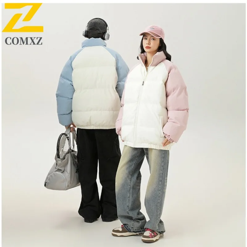 COMXZ New Men Cotton Coat Stand Collar Trendy Hooded Color Block Thickened Warm Jacket Waterproof Loose Lightweight Outerwear