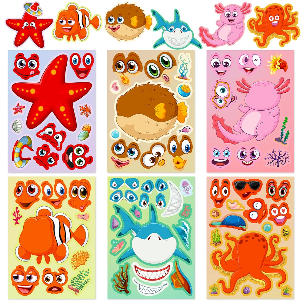 6/12Sheets Animal Shark Starfish Puzzle Stickers Make-a-Face Children DIY Assemble Jigsaw Educational Kids Toys Party Favors