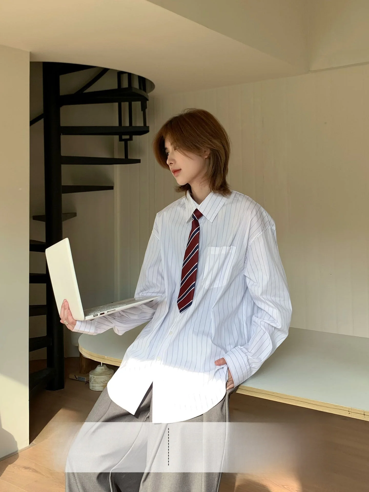 

Versatile Pure Cotton Striped irt Cleanfit Loose Women's Premium Spring 2026 Long Sve Button up College Sle