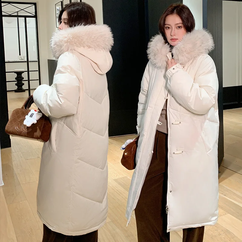 Winter Trend Horn Taste Lange Parkas Mantel Frauen Oversize Pelz Kragen Mit Kapuze Baumwolle Jacke Elegante Verdicken Warme Baumwolle Gefütterte mantel