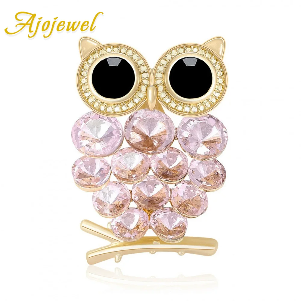 Ajojewel Cute Pink Crystal Owl Brooch With Rhinestones Animal Jewelry Corsage Pin For Clothes Kids Gifts