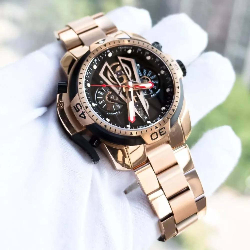 Reef Tiger/RT Top Brand Rose Gold Sport Automatic Men Watch Fashion Calendar Waterproof Stainless Steel Mechanical Watches