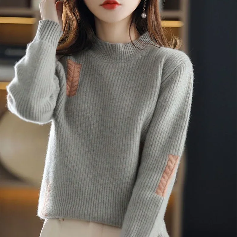 

Mock Neck Color Contrast Loose Korean Sweaters New Winter Long Sleeve All-match Pullover Knitting Bottoming Shirt Top PH38