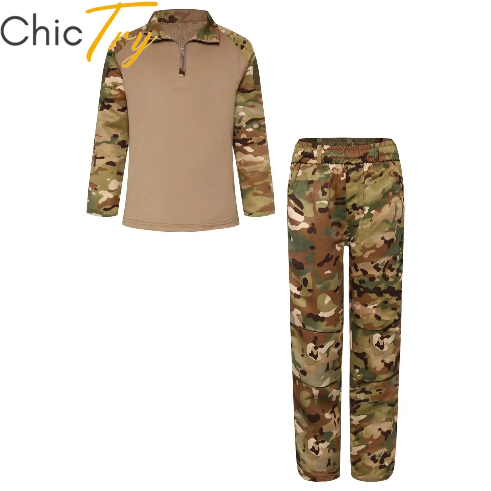 

Unisex Kids Boys Girls Military Suits Army Uniforms Camouflage Print Training Sportswear Short Sleeve Top with Two Pockets Pants