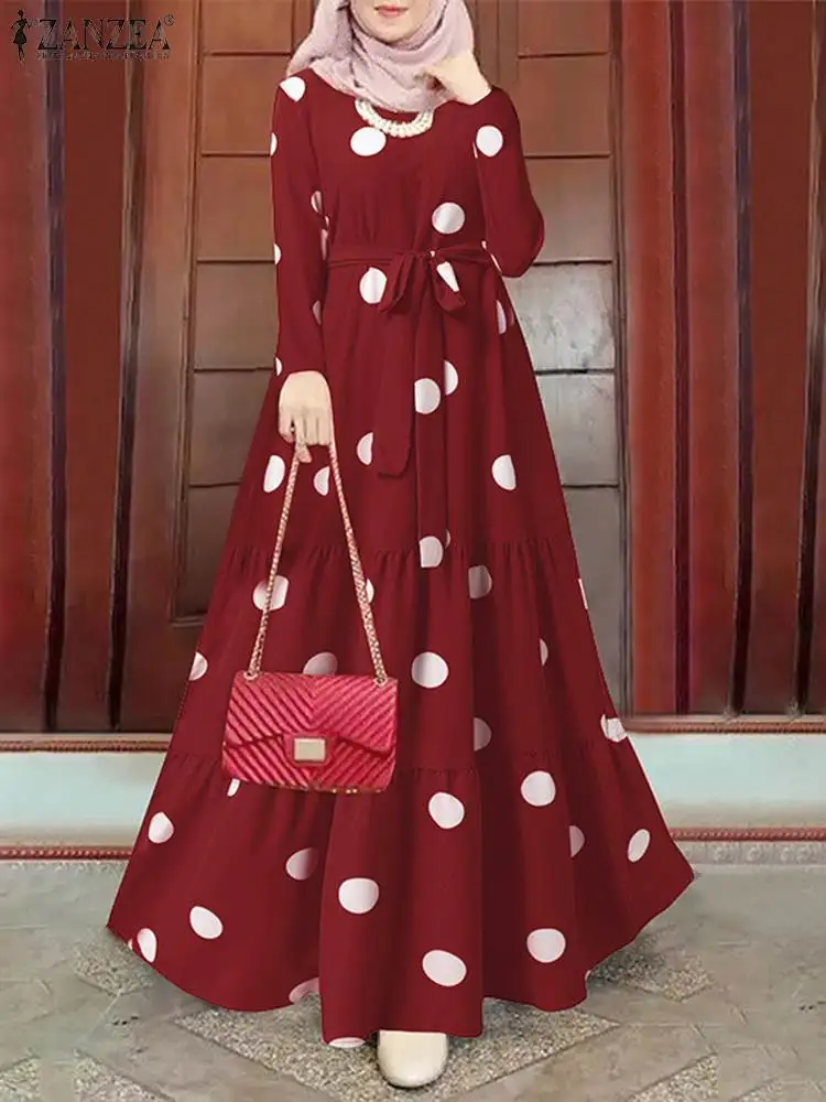 ZANZEA Mulsim Dubai Turkey Hijab Sundress Women\'s Vintage Polka Dot Printed Abaya Dress Femme Robe Maxi Dress Islamic Clothing