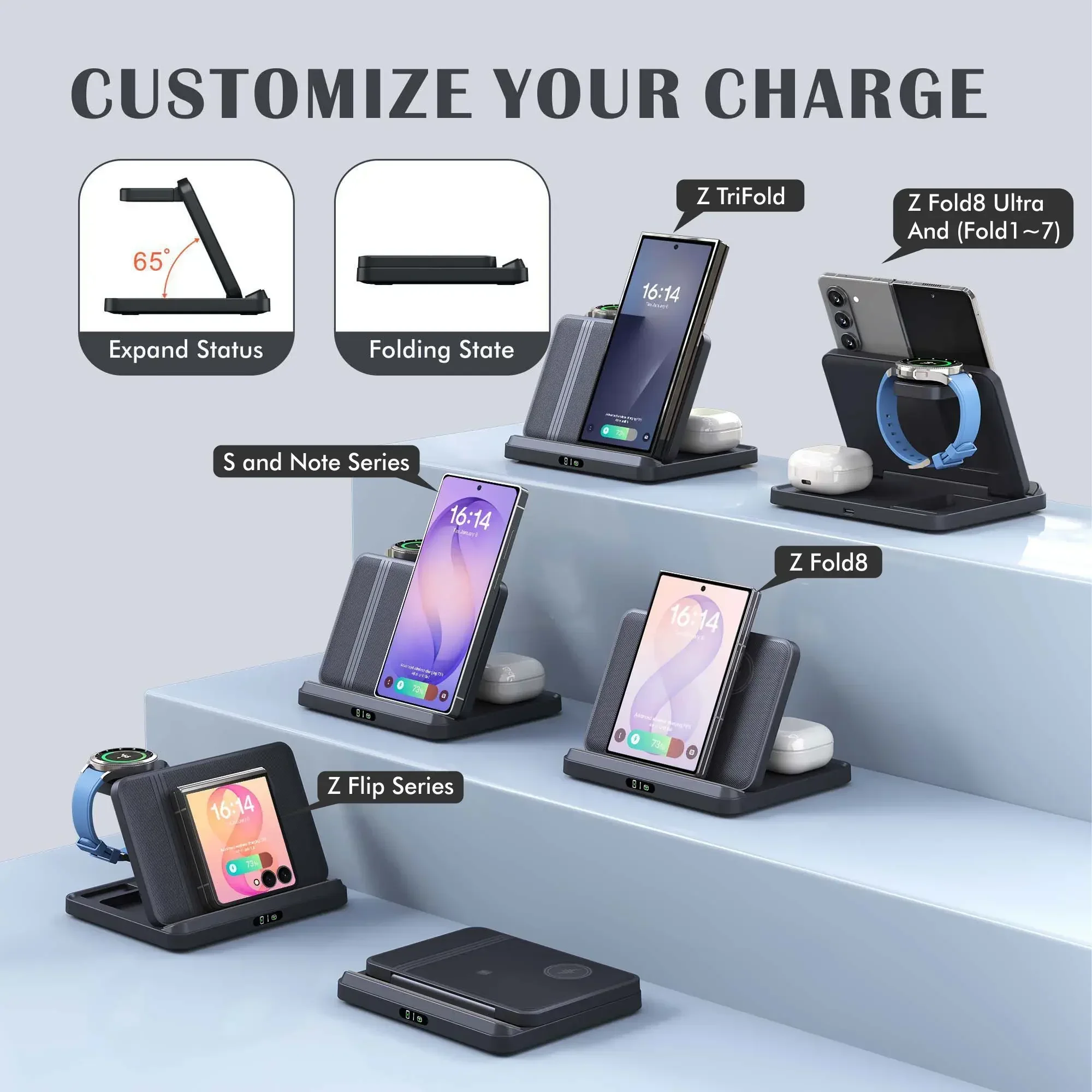 3-in-1 Faltbares Kabelloses Ladegerät für Samsung Z Flip/Z Fold 8 Ultra/7/6/5/ Galaxy Watch 9/8/7/6 Buds4/3 Pro Schnelllade-Station – Detail 6