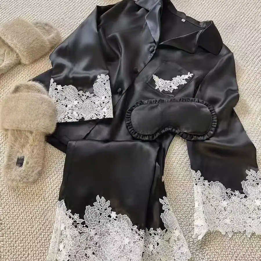Two Pieces Women Pajama Sets Solid Lounge Set Lace Spliced Long Sleeves Shirt Wide Leg Pant Loose Fit Daily Casual 2026 Autumn