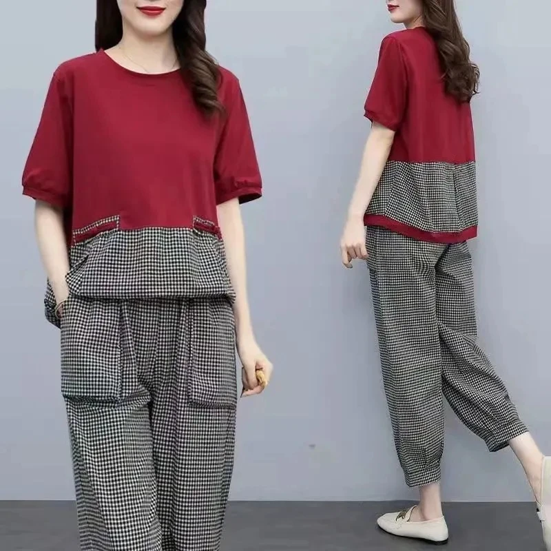 Retro Plaid Set Women's Suits 2024 Summer New Style Large Size Spliced Cotton And Hemp Top Loose Harlan Pants Two Piece Set 2PCS