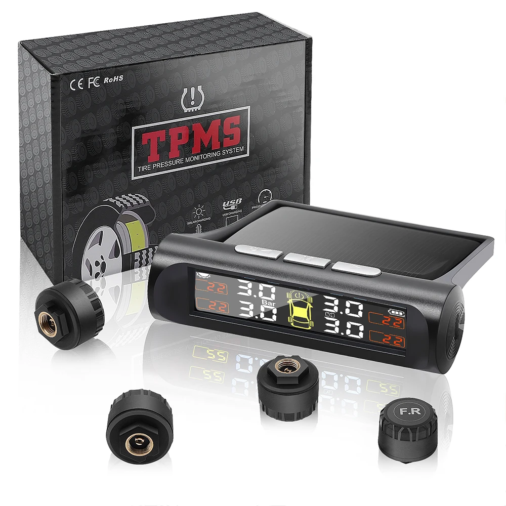 Tire Pressure Monitoring System With 4 TPMS sensor Solar Powered Digital LCD Display Auto Security Alarm Tire pressure sensor