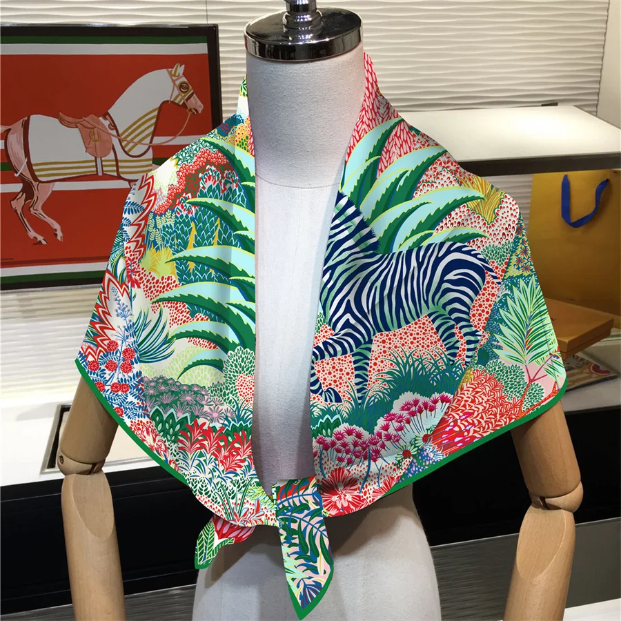 Silk Scarf Women Foreast Zebra Print Square Scarves Head Echarpes Silk Foulards Femme Wraps Beach Shawl Bandana Lady Hijabs 90CM