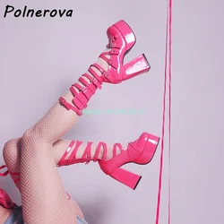 Rivet Cross Tied Patent Leather Pumps Solid Round Toe Chunky Heels Shoes Dark Punk Gothic Y2K Ladies Fashion Lolita Shoes